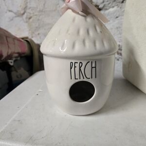 Rae Dunn White Ceramic Birdhouse with Pink Accents